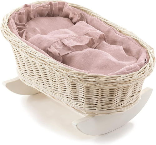 Wicker Doll Cradle Bed with Bedding Rocking Bassinet Vintage Style Toy
