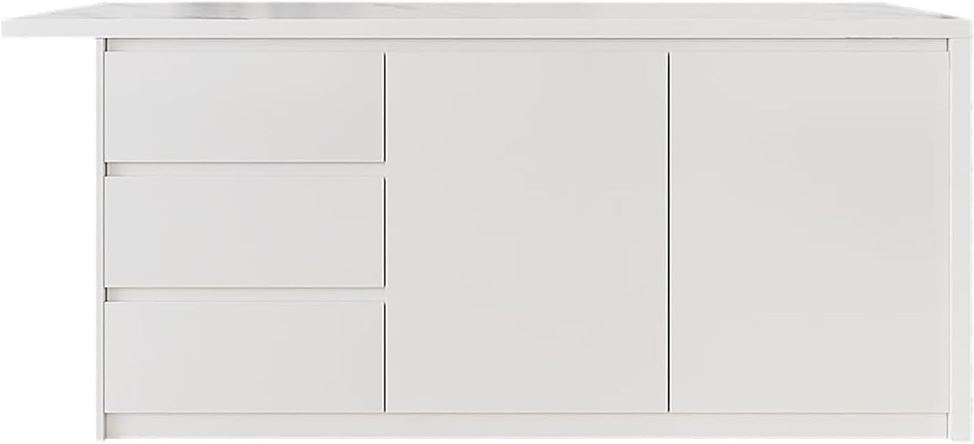 183cm White Kitchen Island with Marble Effect Top, 3 Drawers & 8 Storage Shelves