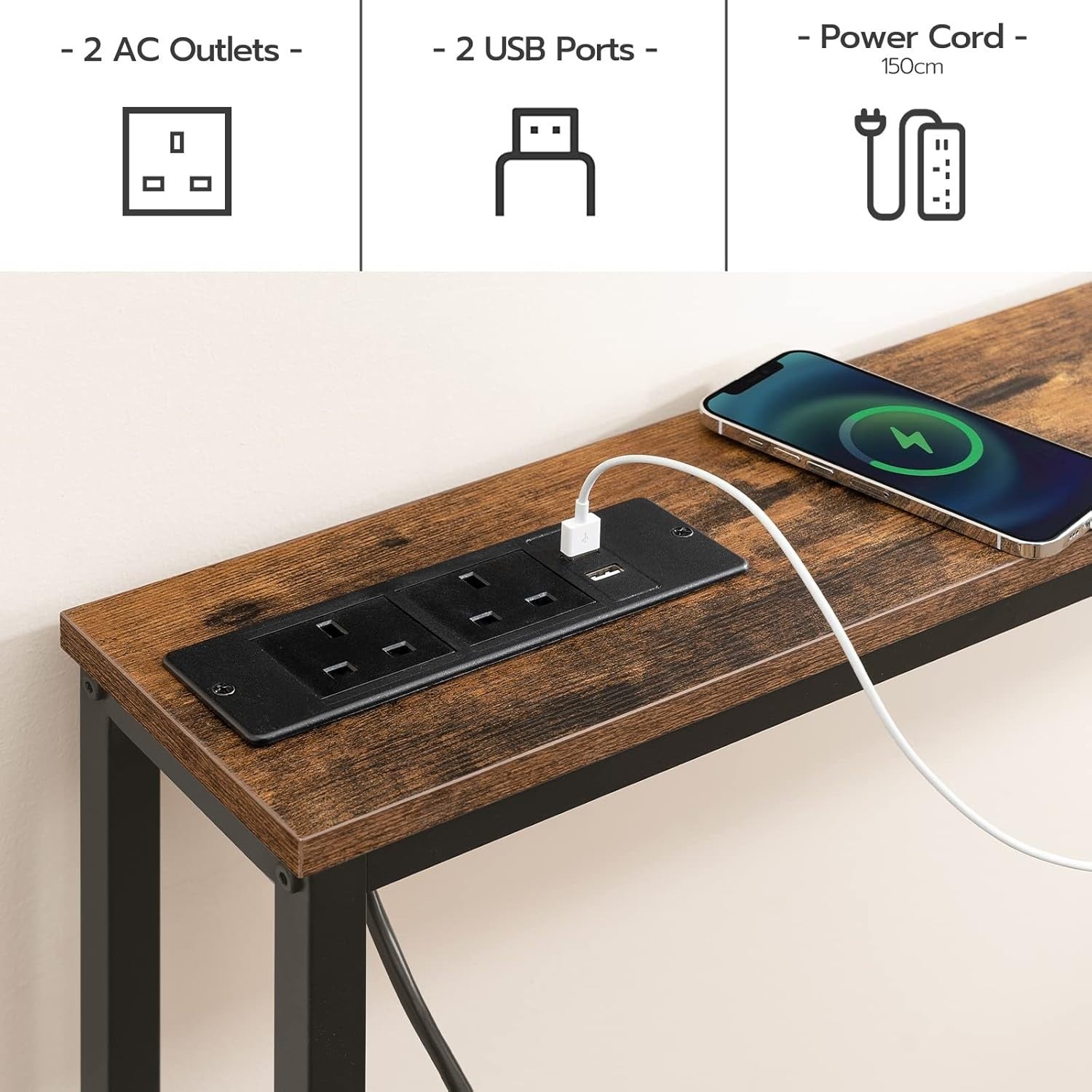 Slim Console Table with USB Charging Ports & Power Outlets for Hallways