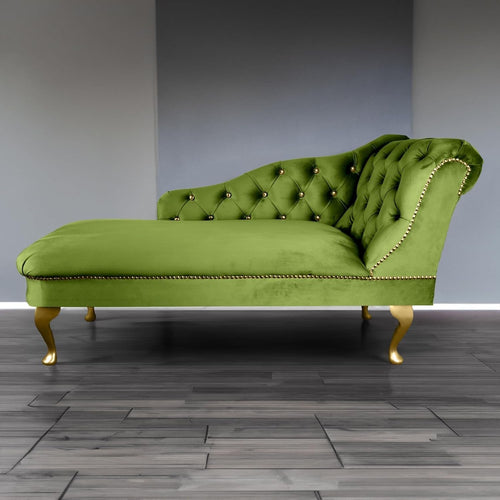 Velvet Chaise Lounge Sofa Tufted Right Hand Chair Olive Bedroom Living