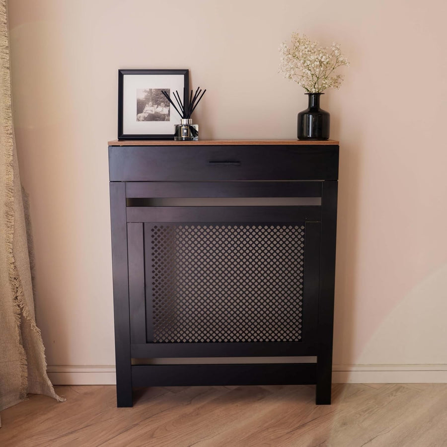 lack Radiator Cover with Drawer Diamond Slat W78xH96cm Modern Wooden Cabinet
