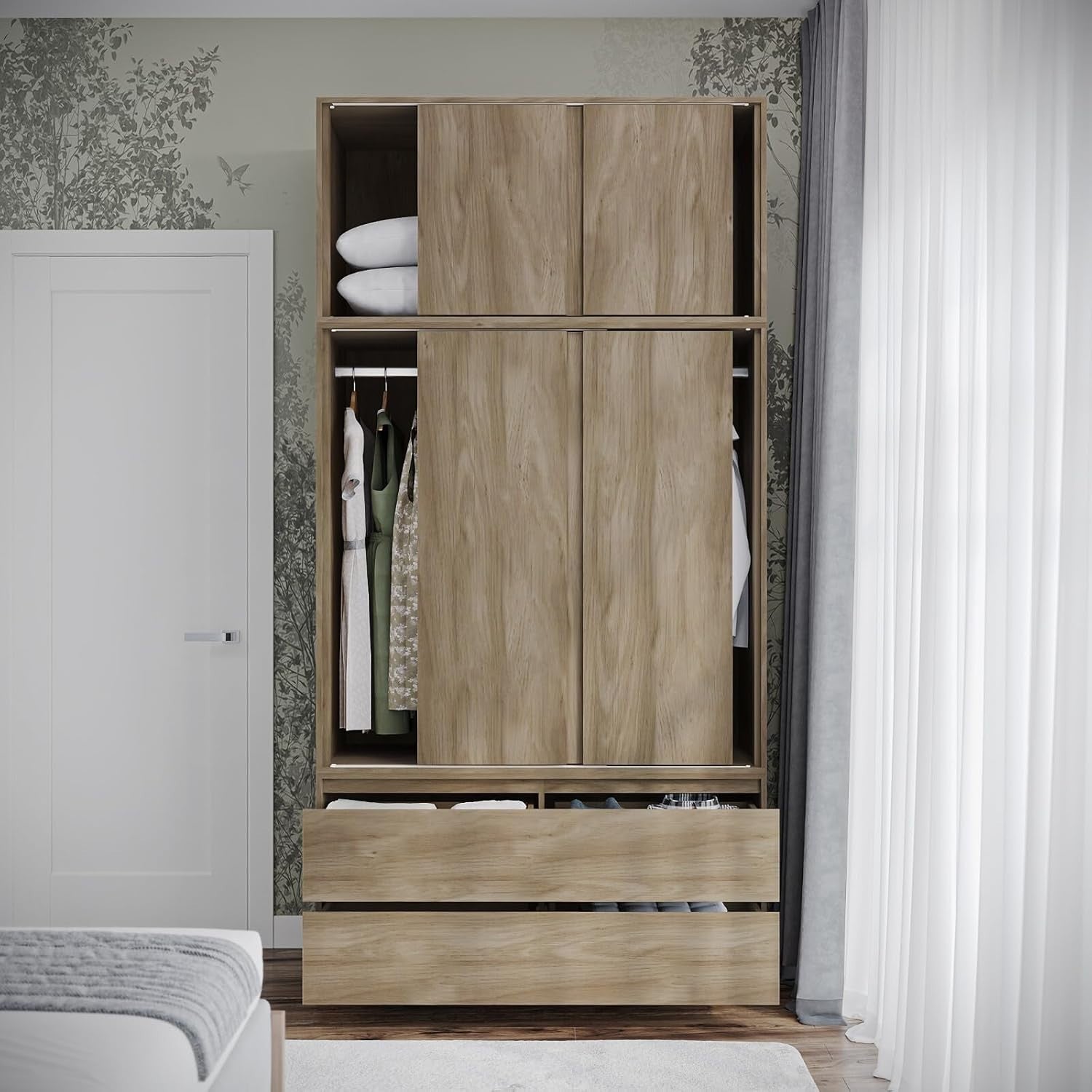 Oak 6 Door Wardrobe with Drawers 240cm Sliding Closet Storage Unit