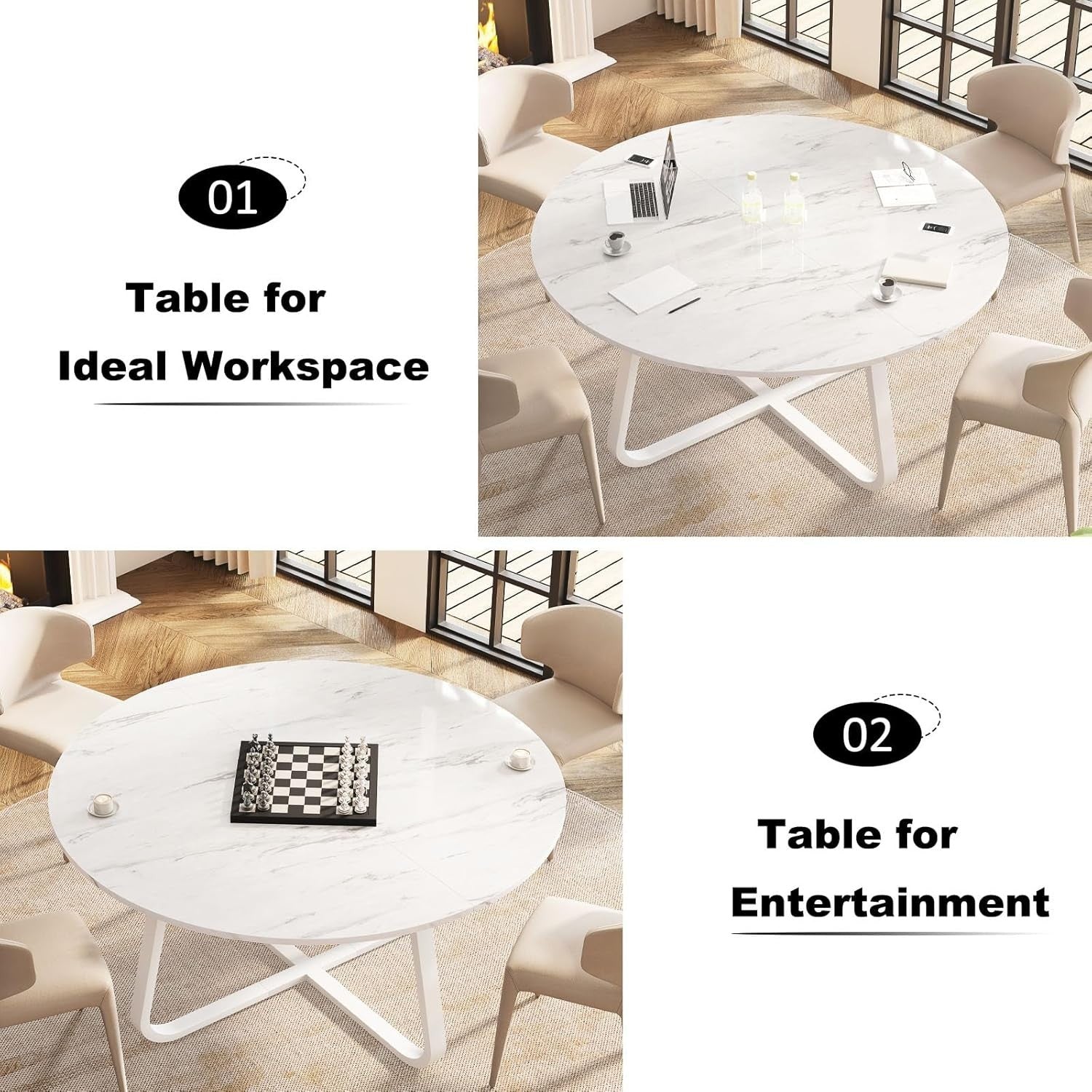 Round White Marble Dining Table 4-6 Seater Wood Metal Kitchen Home 130cm