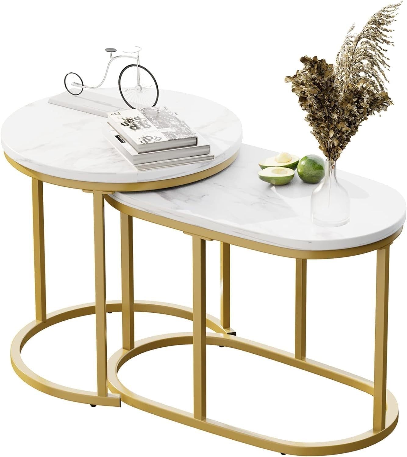 2-Piece Nesting Coffee Tables Set Marble Top Metal Frame Space Saving