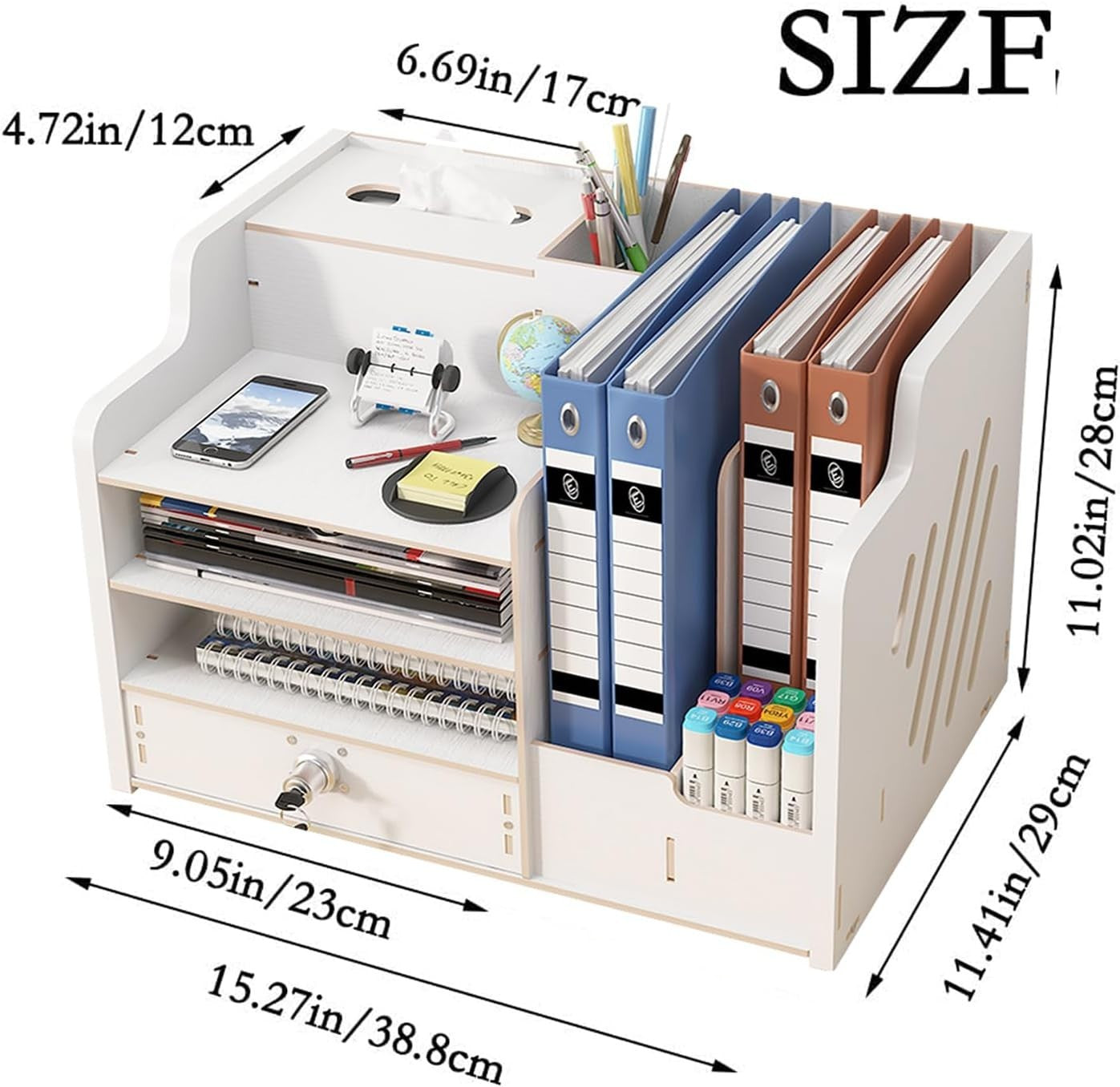 White Desk Organiser with Drawer 9-Compartment Desktop Storage