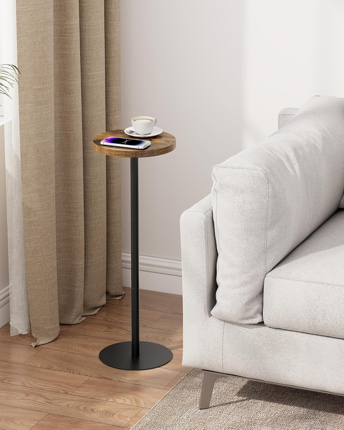 Tall Round Side Table – 25x25x70cm End Table Set of 2, Brown