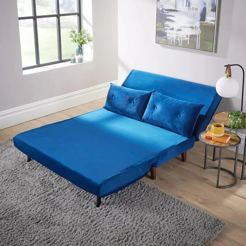 Velvet Double Sofa Bed Blue Folding Chair Sleeper Seat with Pillows
