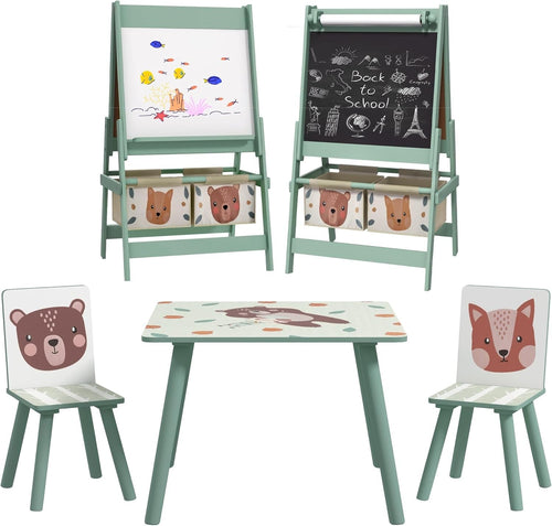 Kids Table & Chairs Set with Easel, Chalkboard & Paper Roll, Sturdy Pine
