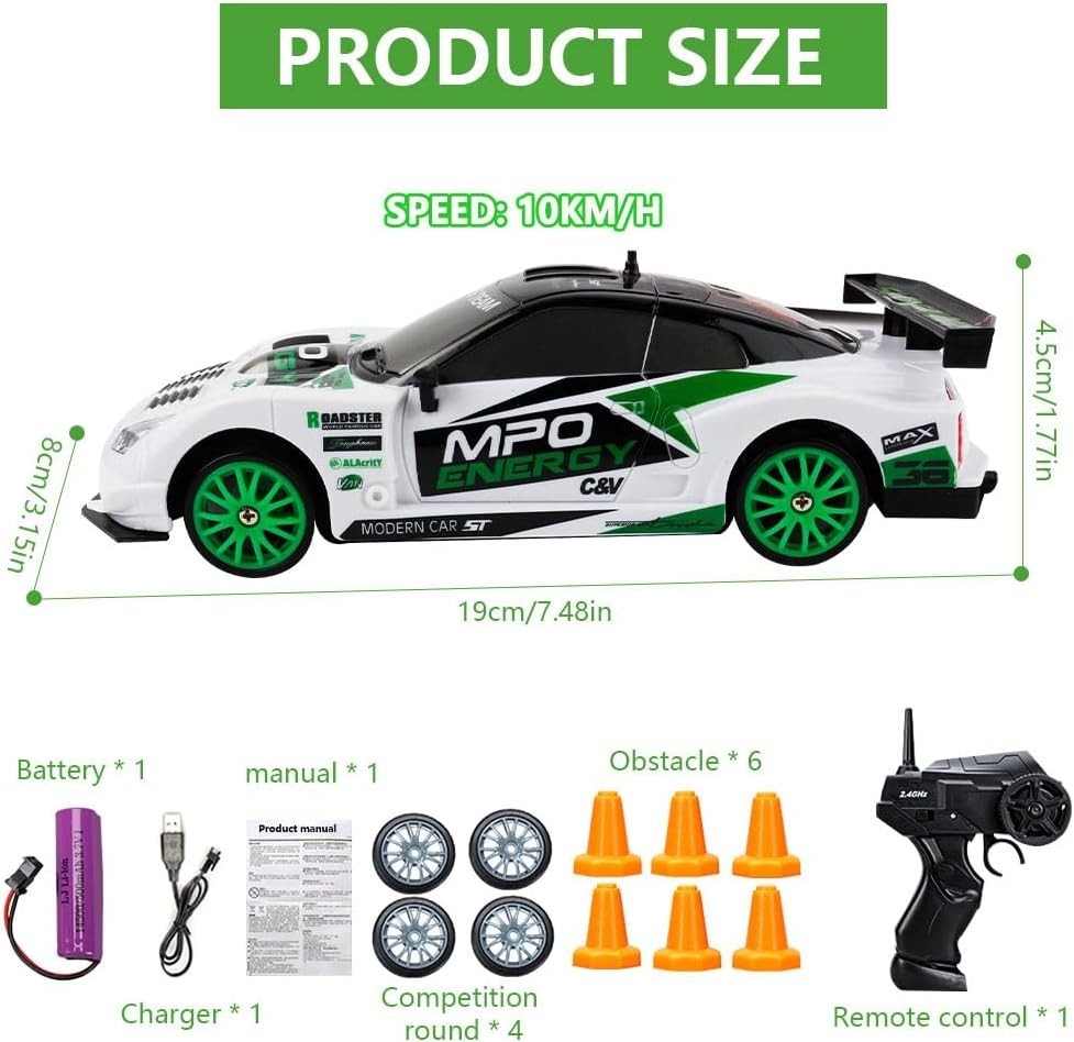 1:24 RC Drift Car 4WD 2.4GHz Remote Control Racing LED Lights 10km/h Toy Gift