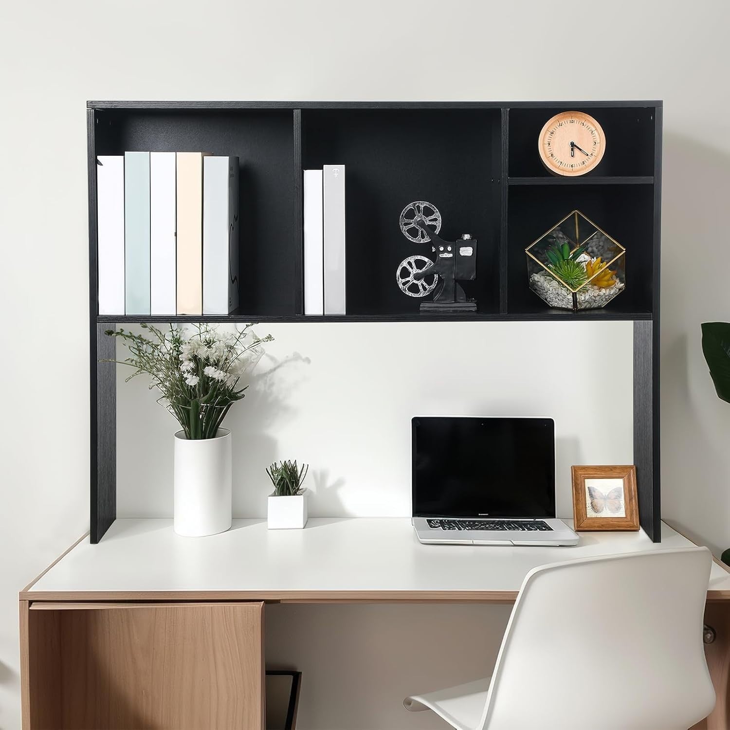 Desk Hutch Bookshelf Organizer 2-Tier Monitor Stand Storage Rack Black