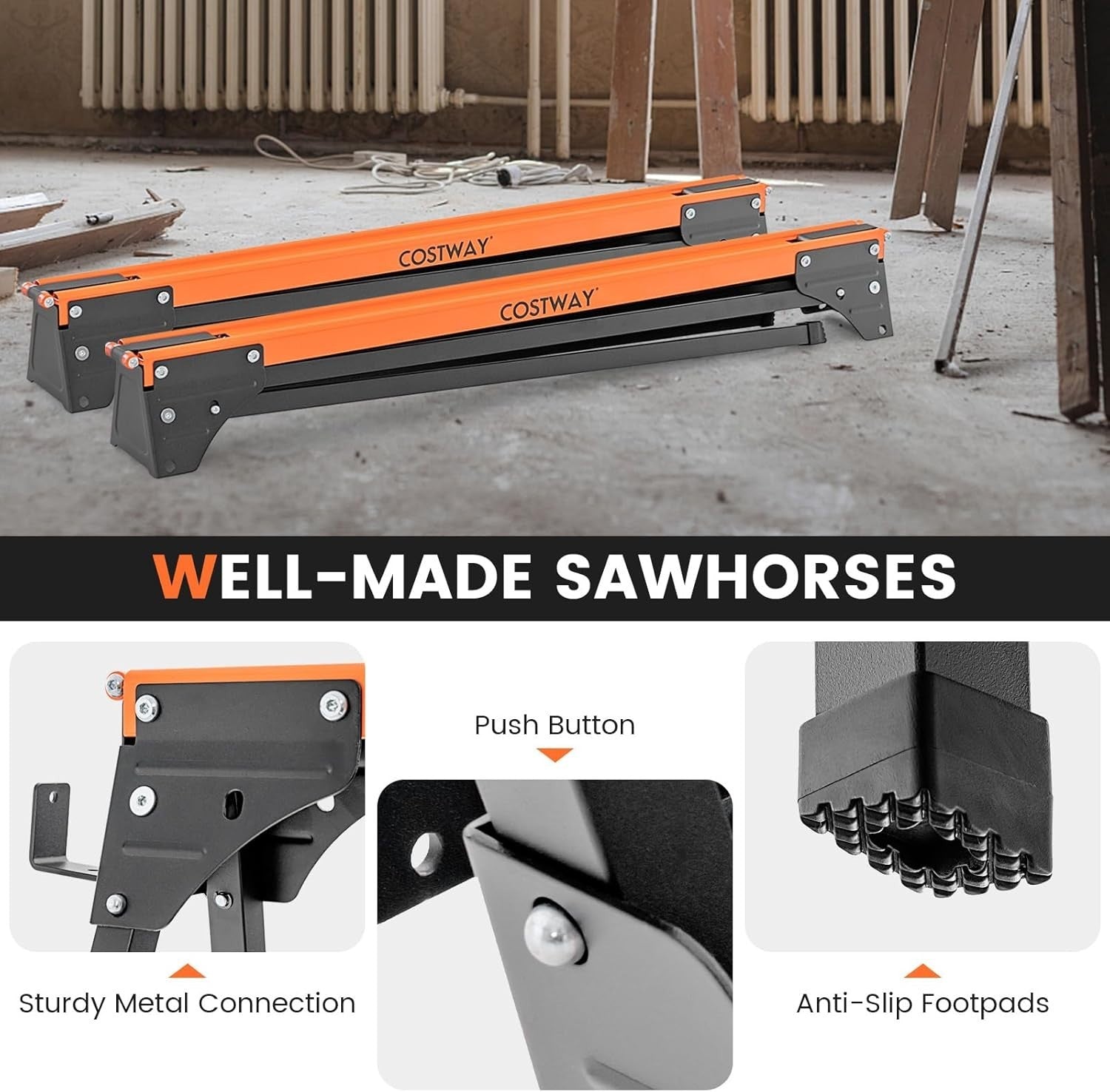 Folding Sawhorse Twin Pack Heavy Duty 500kg Each 2x4 Support Arms Orange