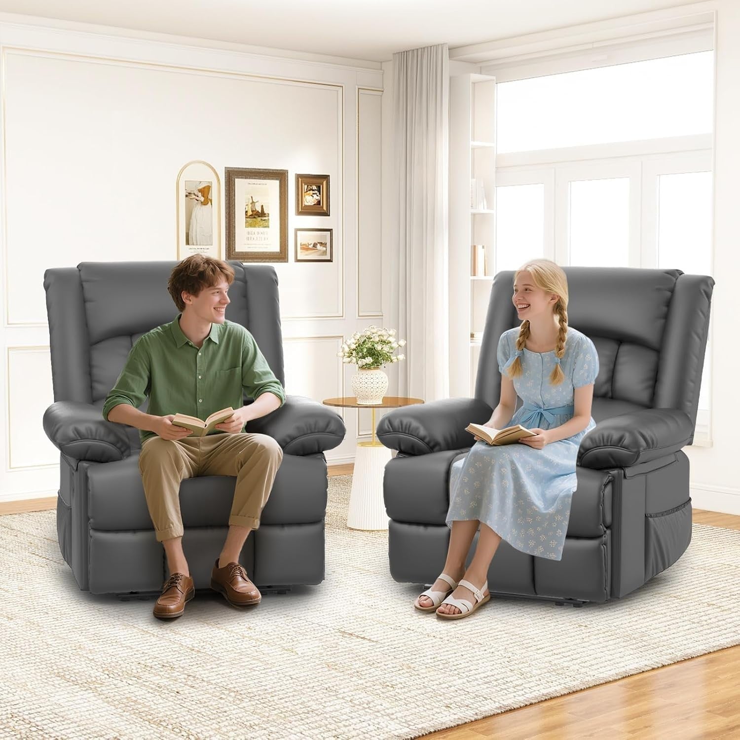 Manual Recliner Chair Massage Heat 135° Recline Footrest Dual Side Pockets Grey