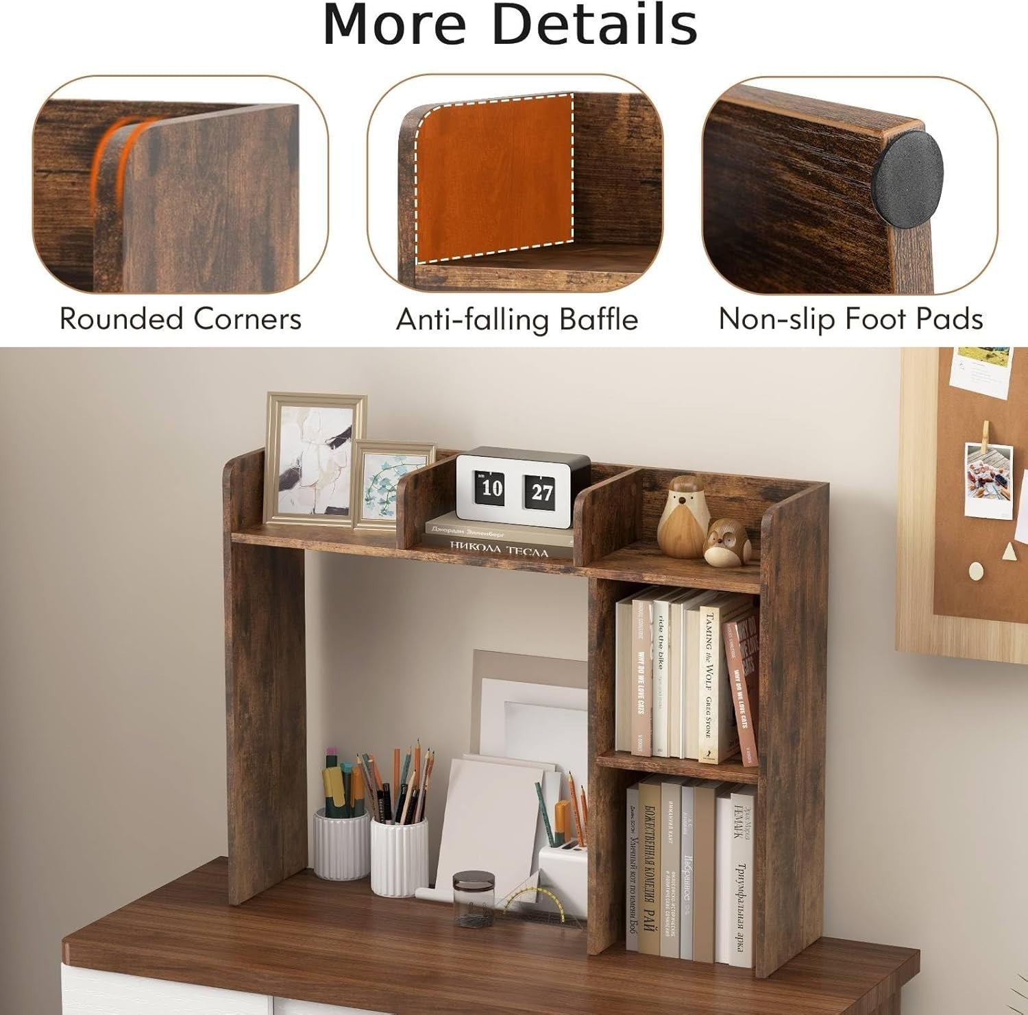 Rustic Brown 4-Tier Desktop Bookshelf 94cm Desk Hutch Storage Organiser