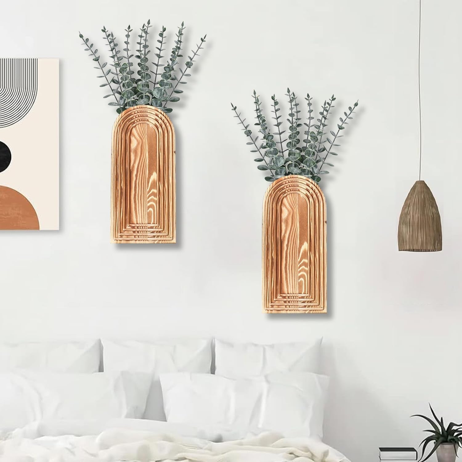 Modern Wall Wood Vase Set of 2 Brown Farmhouse Entryway Hanging Decor