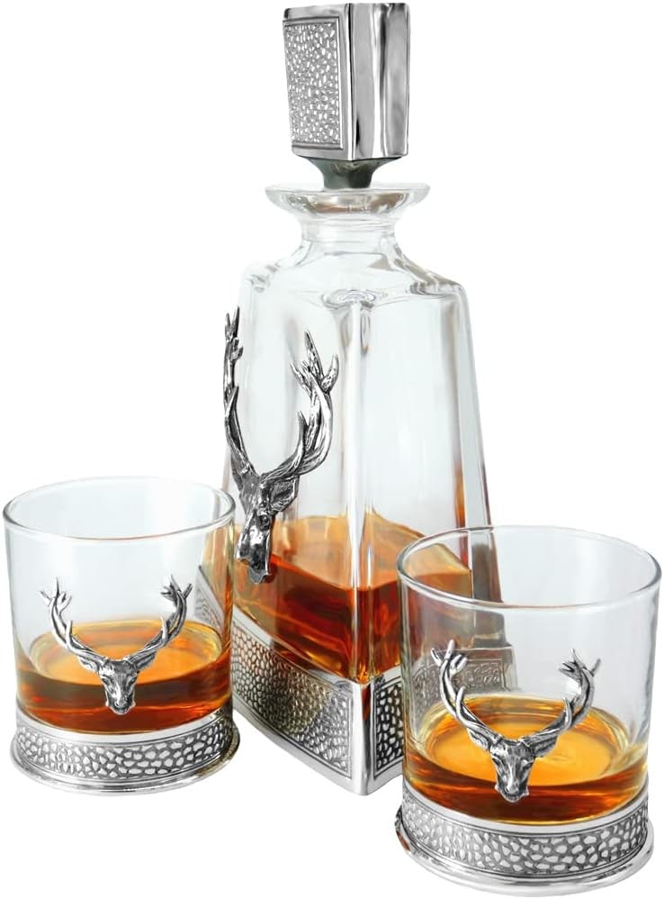 Luxury 650ml Stag Head Whiskey Decanter – Crystal Glass with Pewter Base & Lid