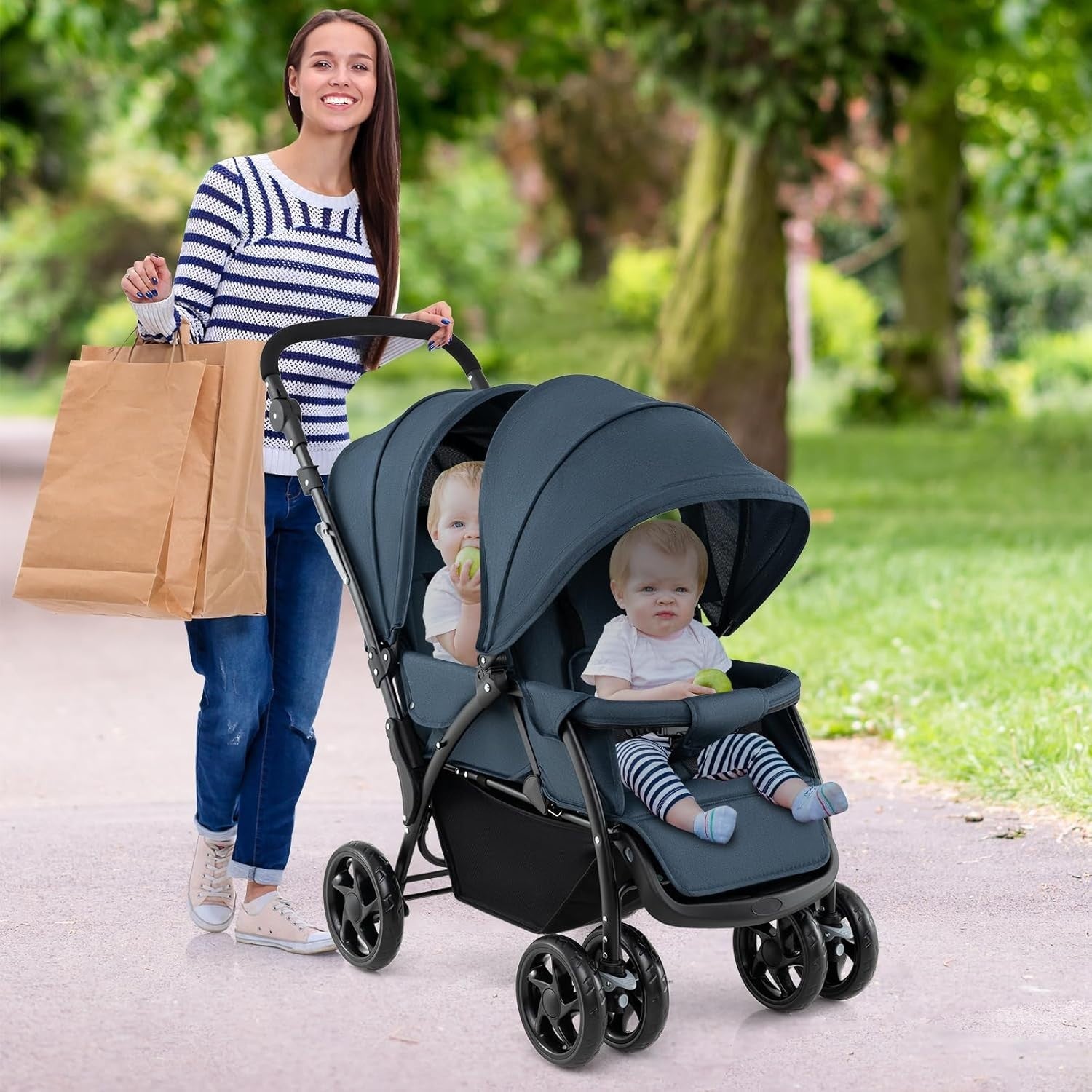 Twin Tandem Baby Stroller Navy Foldable Double Seat 5-Point Harness Sunshade