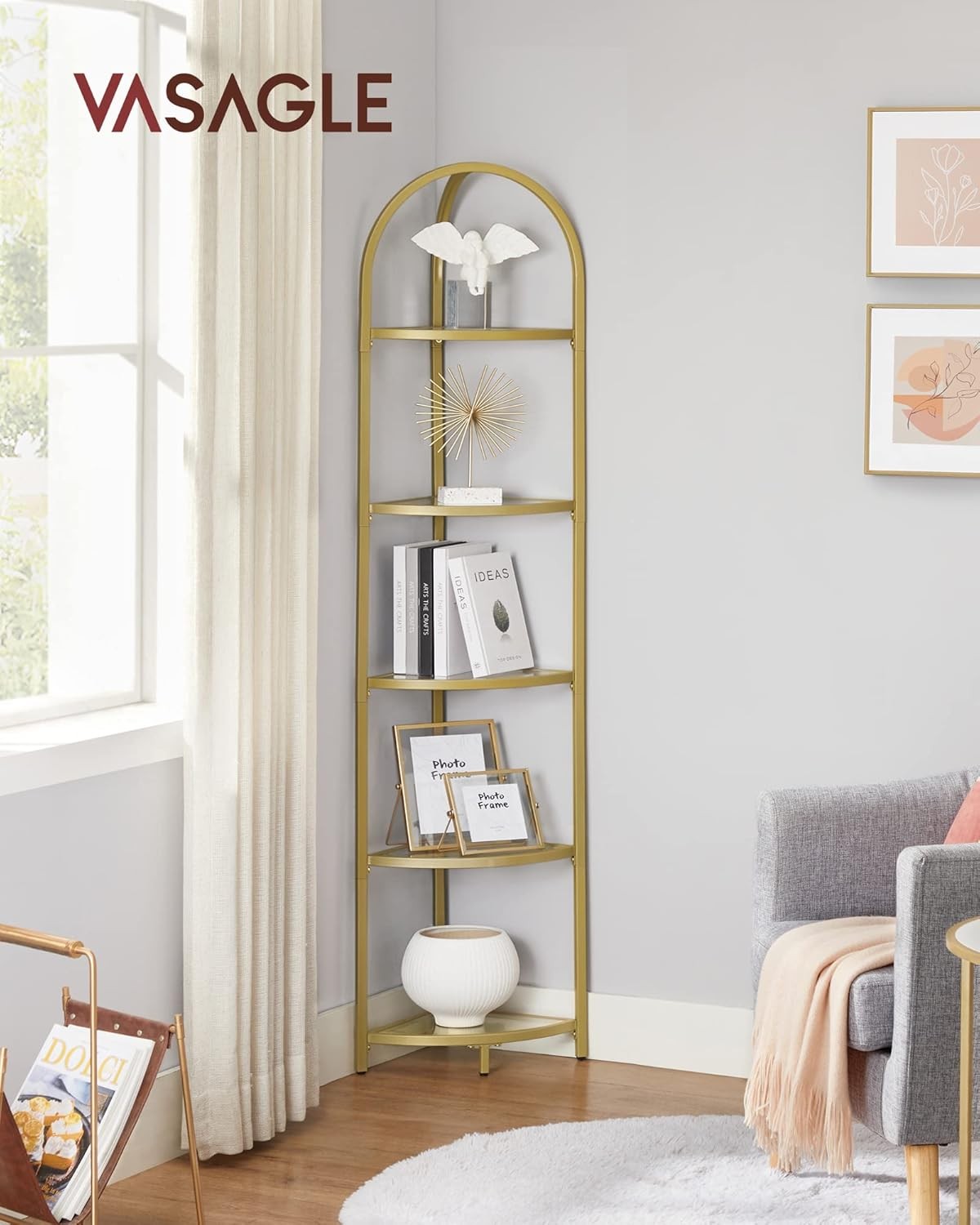 5-Tier Gold Corner Shelf Tower Modern Glass Display Unit for Living Spaces