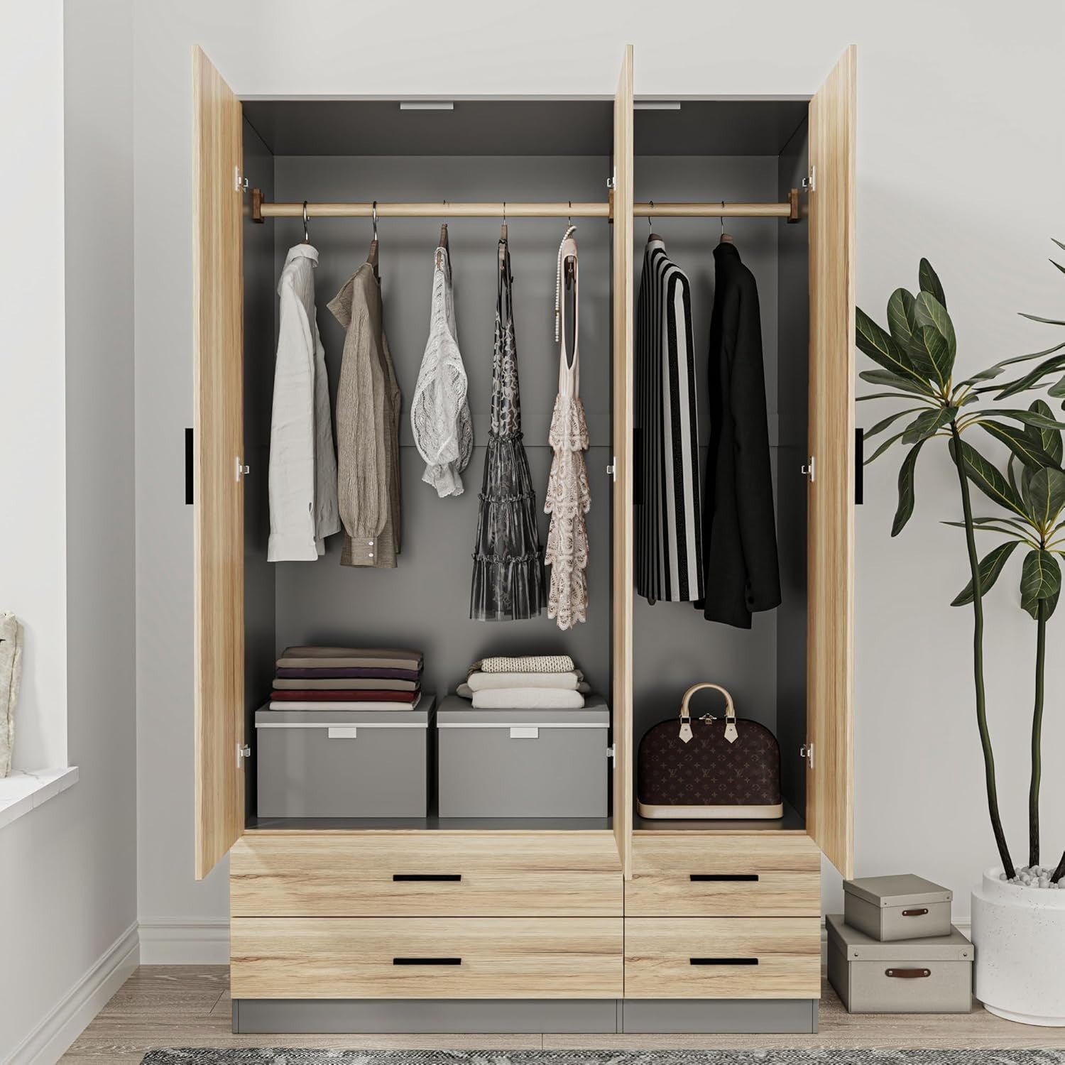 3 Door Wardrobe Grey Oak 4 Drawer Storage Hanging Rail Bedroom Cupboard