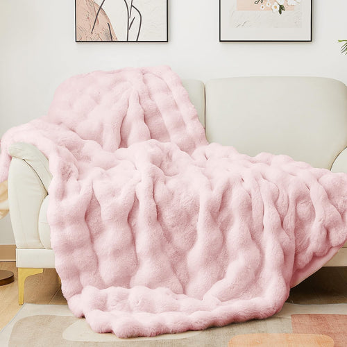 Pink Faux Fur Throw Blanket 127x152cm Plush Warm Bubble Sofa Bed Throw