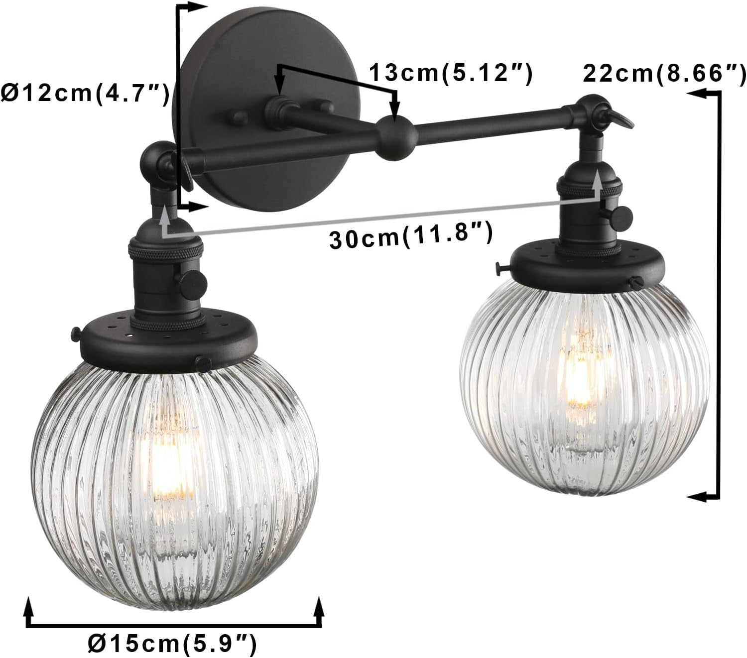 Modern Black 2-Light Glass Wall Sconce | Dimmable Bedroom & Living Room Lamp