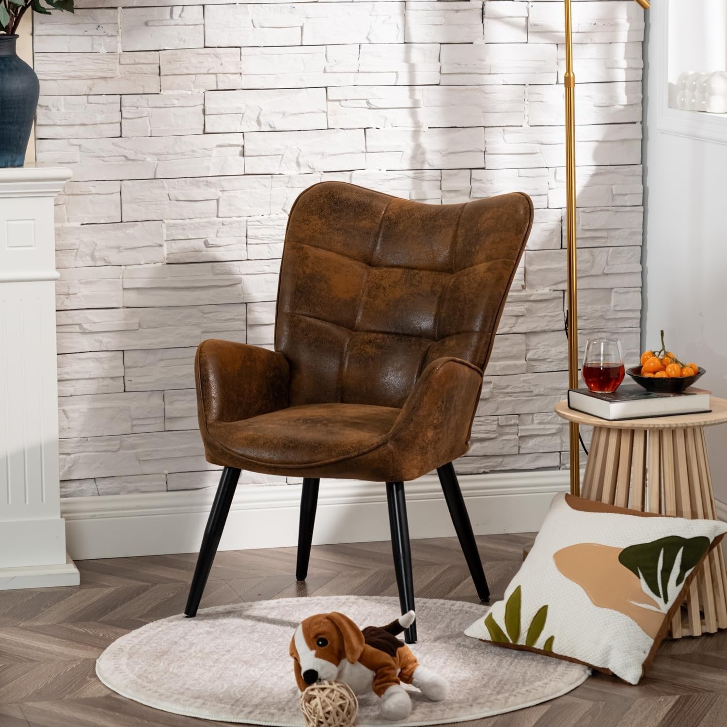 Brown Suede Wingback Accent Armchair with Padded Seat & Metal Legs