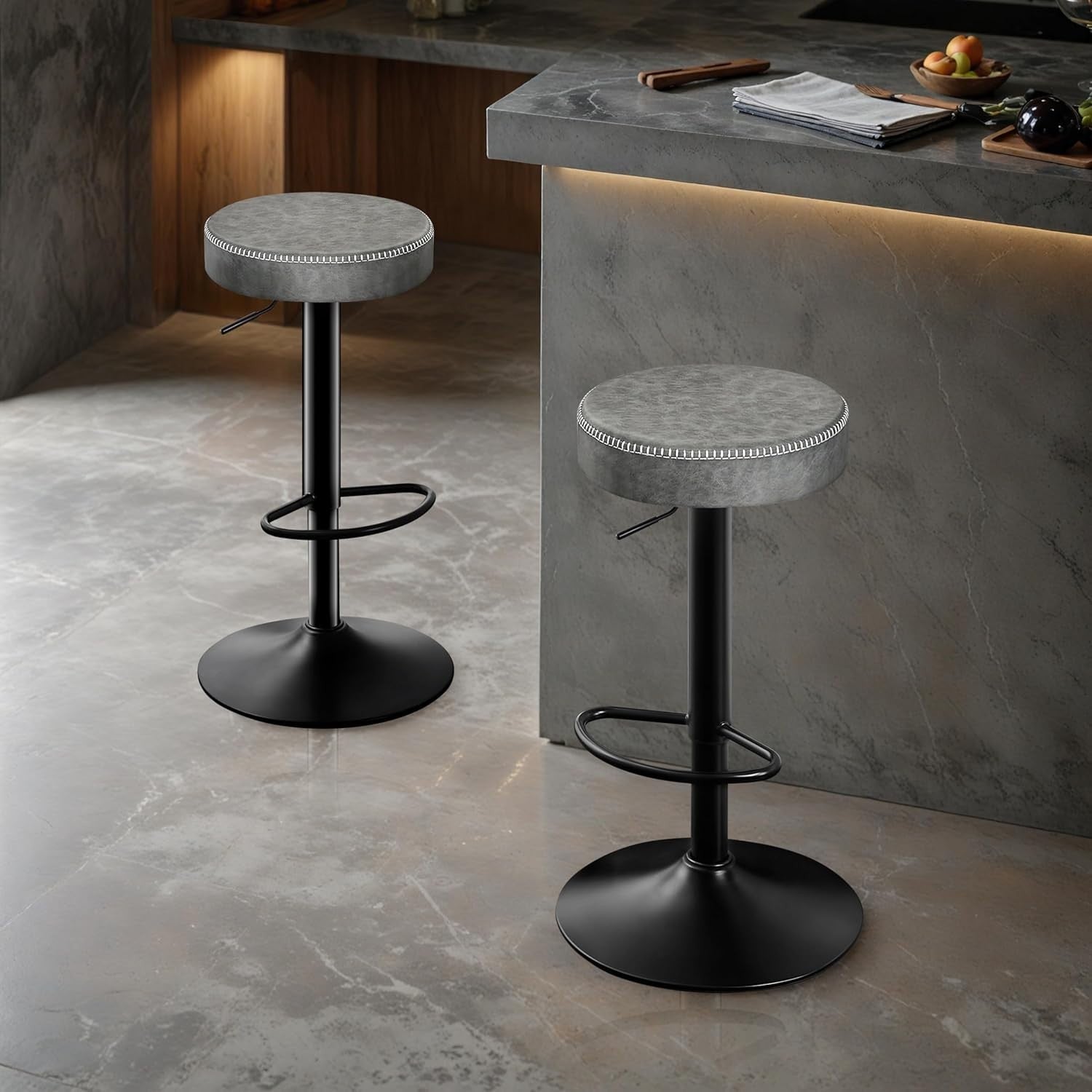 Adjustable Grey Bar Stools Set of 2 Swivel Faux Leather 36x36x85.5cm