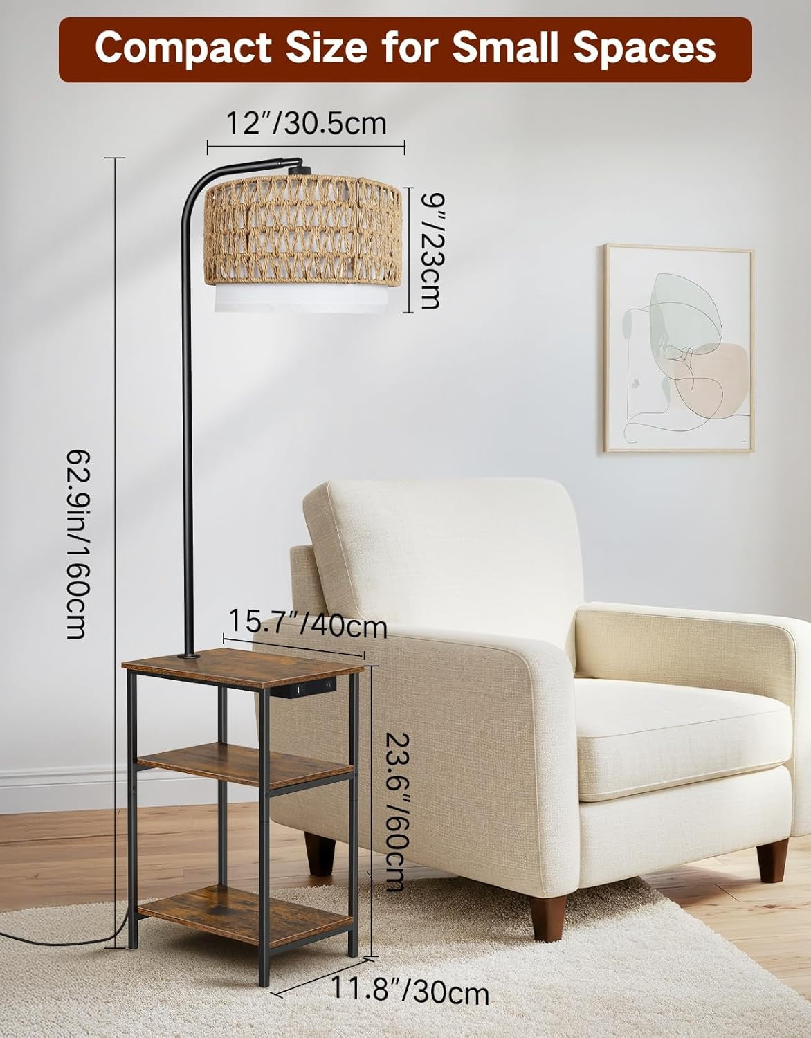 Floor Lamp with Table Rattan Shade Charging Station Dimmable LED Nightstand