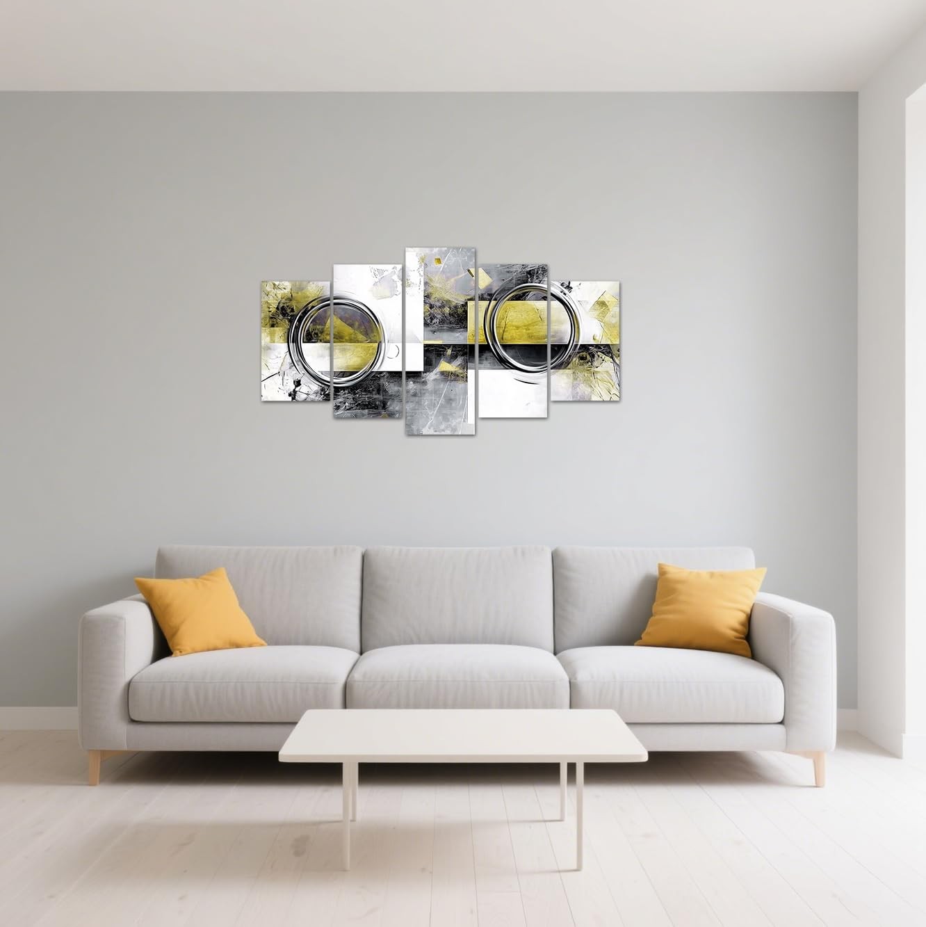 Large 5 Piece Abstract Wall Art Canvas Set Yellow Grey Framed 100x55cm