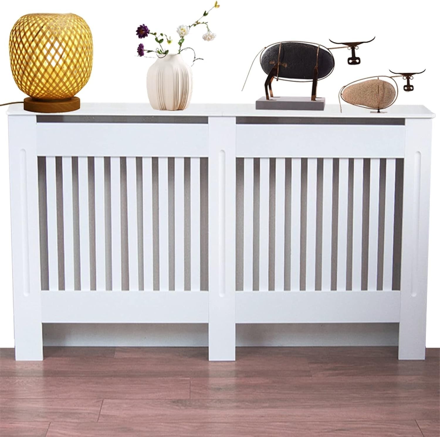 Large White Radiator Cover Cabinet 92cm MDF Vertical Slatted Heater Shelf