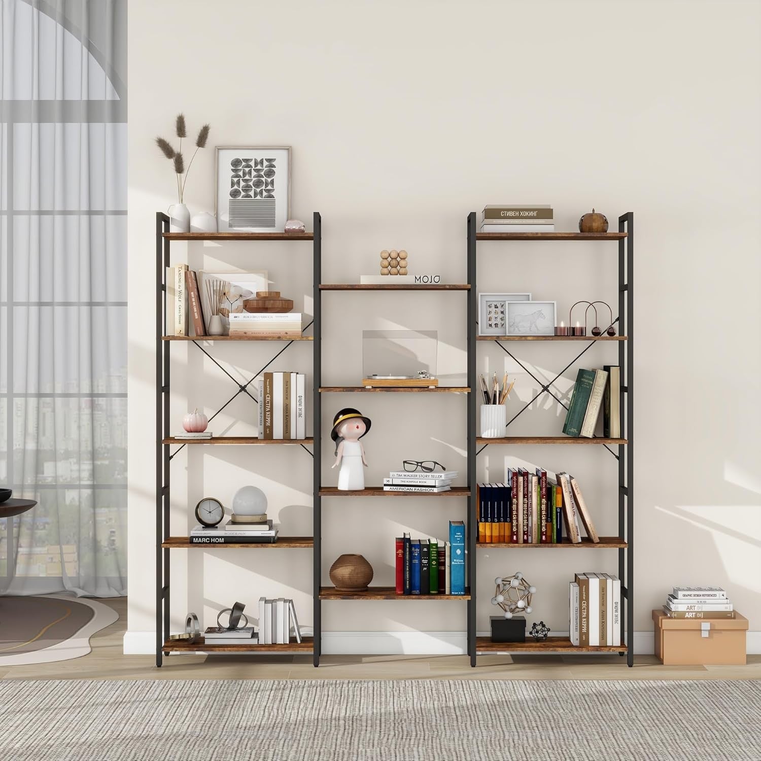 Industrial 5 Tier Bookcase Metal Frame Wooden Shelving Unit Display Storage