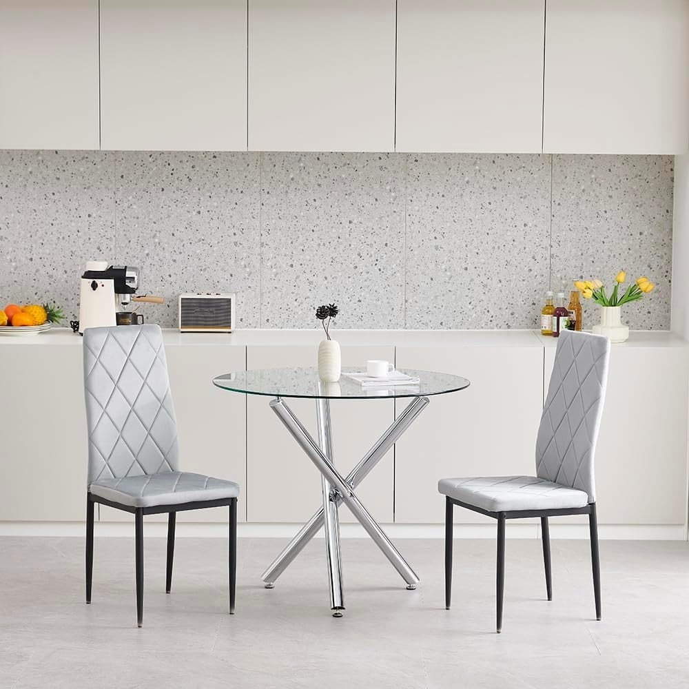 Round Glass Dining Table Set with 4 Grey Velvet Chairs - Compact & Modern