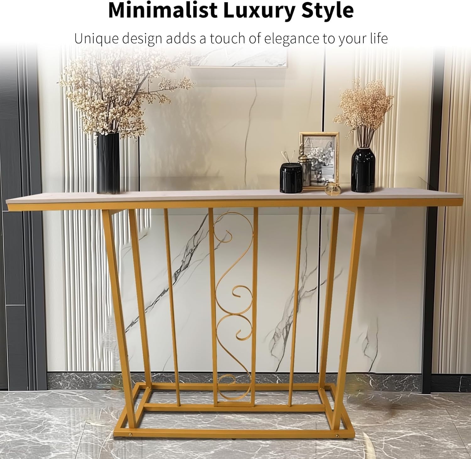120cm Marble Effect Console Table Gold Metal Frame – Hallway Entryway Shelf