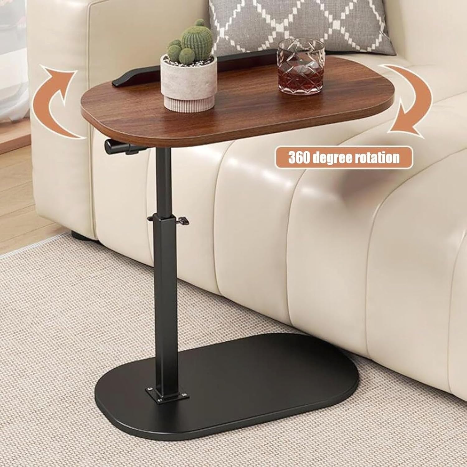 Oak Lift Top Laptop Side Table Adjustable Height 360° Swivel C Shape