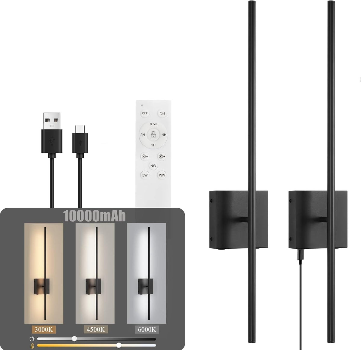 Wireless USB Rechargeable Battery Wall Lights 2-Pack, Dimmable LED