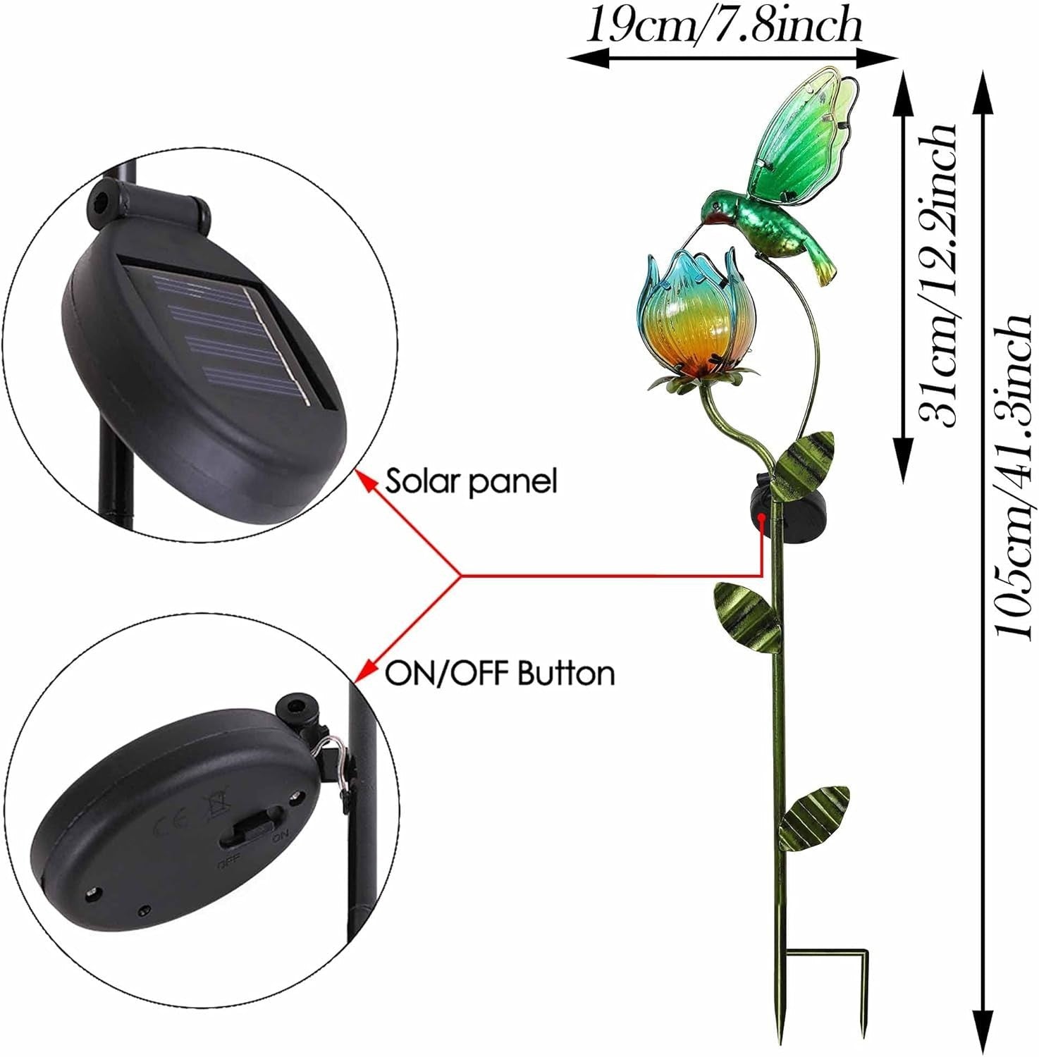 Solar Hummingbird & Tulip Garden Light Large Glass LED Outdoor Yard Stake 41in