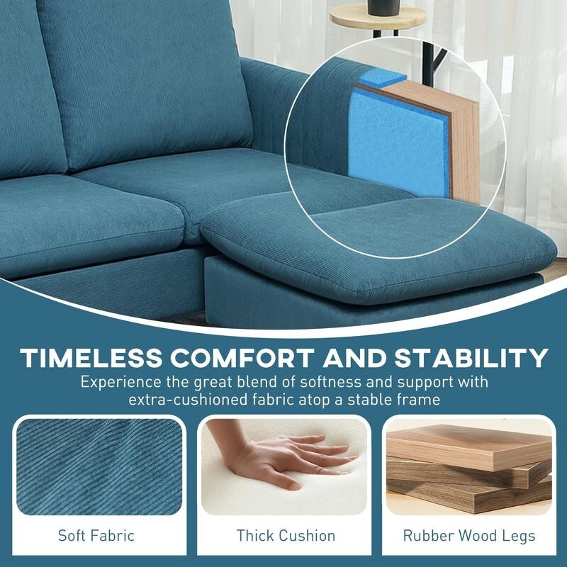 3 Seater Corduroy Sofa w/ Chaise Lounge L Shape Couch Reversible Blue