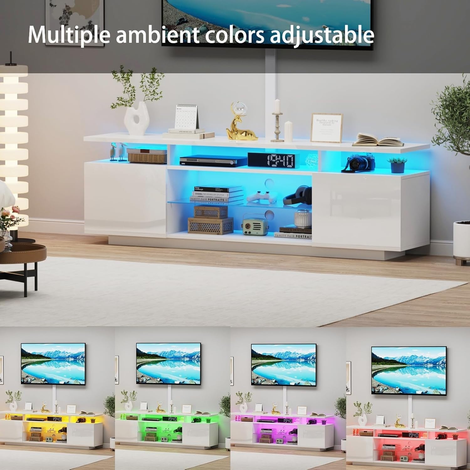 Adjustable 160cm TV Cabinet Stand with RGB LED, Storage for TVs up to 70"