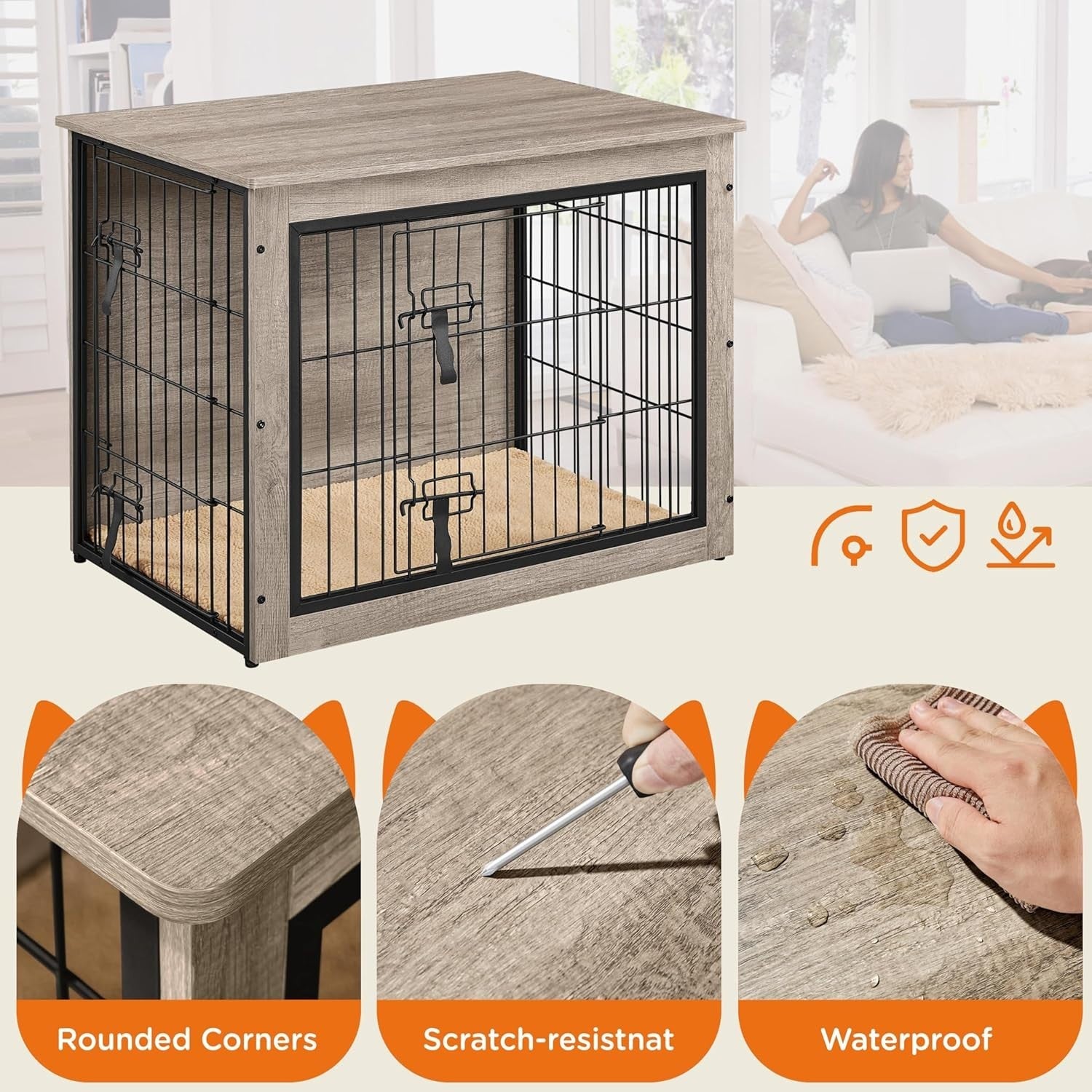 Stylish Indoor Dog Crate Furniture with Cushion Double Doors 80.5x55.5x63.5cm
