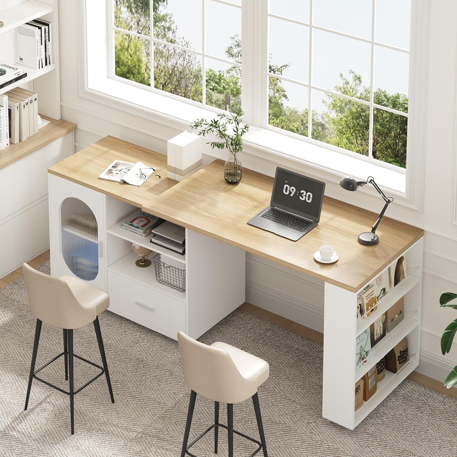 White Modern Kitchen Island on Wheels with 360° Rotating Top, Storage & Drawers