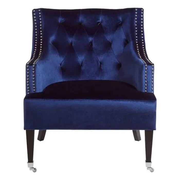Blue Velvet Accent Armchair with Studs & Tufted Back | 200kg Support