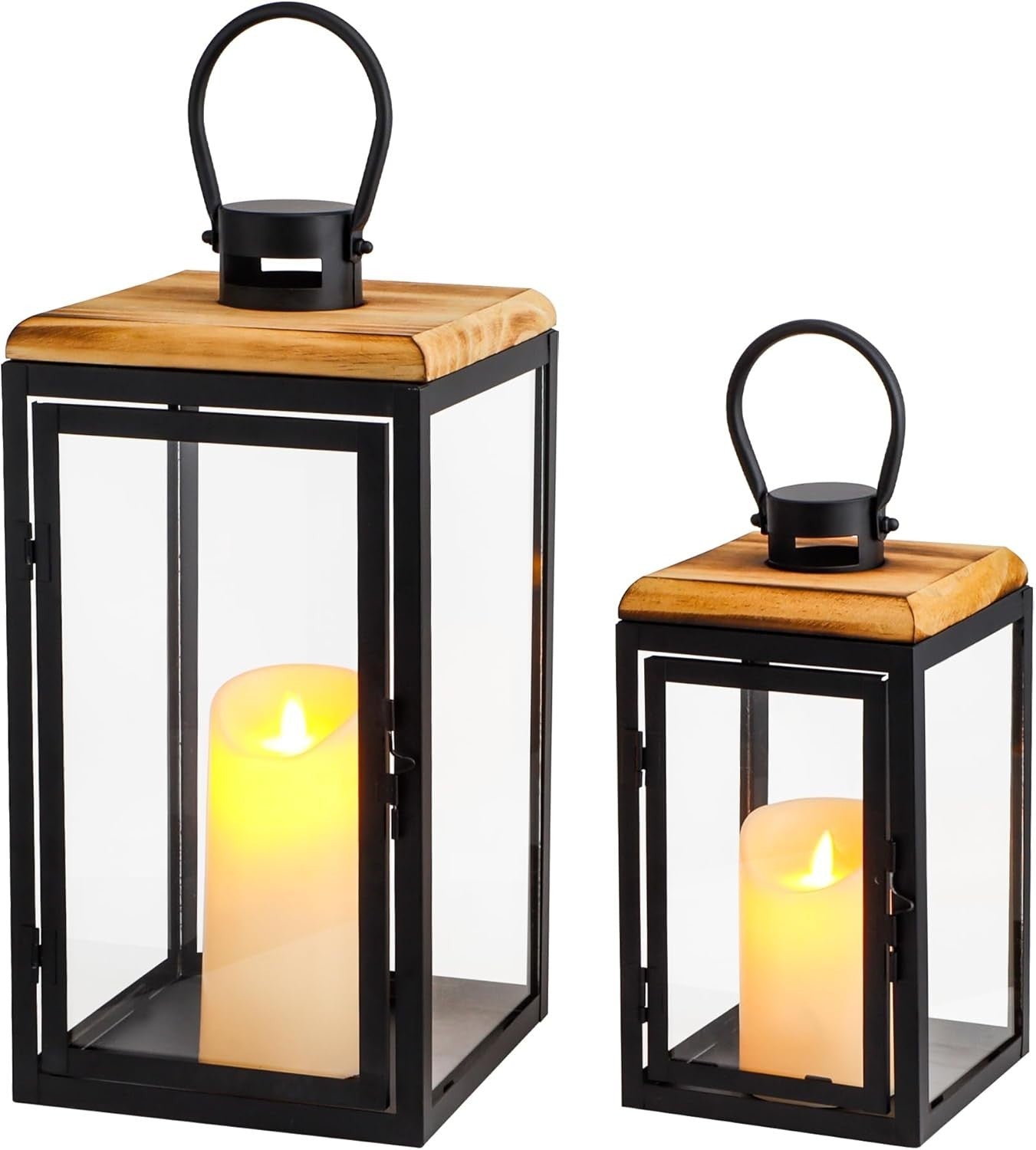 Set of 2 Large Black Metal Candle Lanterns Home Decor