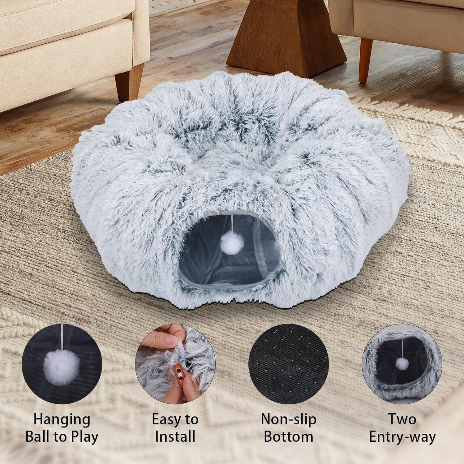 Cat Tunnel Bed Fluffy Cat Cave Toy w Cushion Large Indoor Pet Tunnel