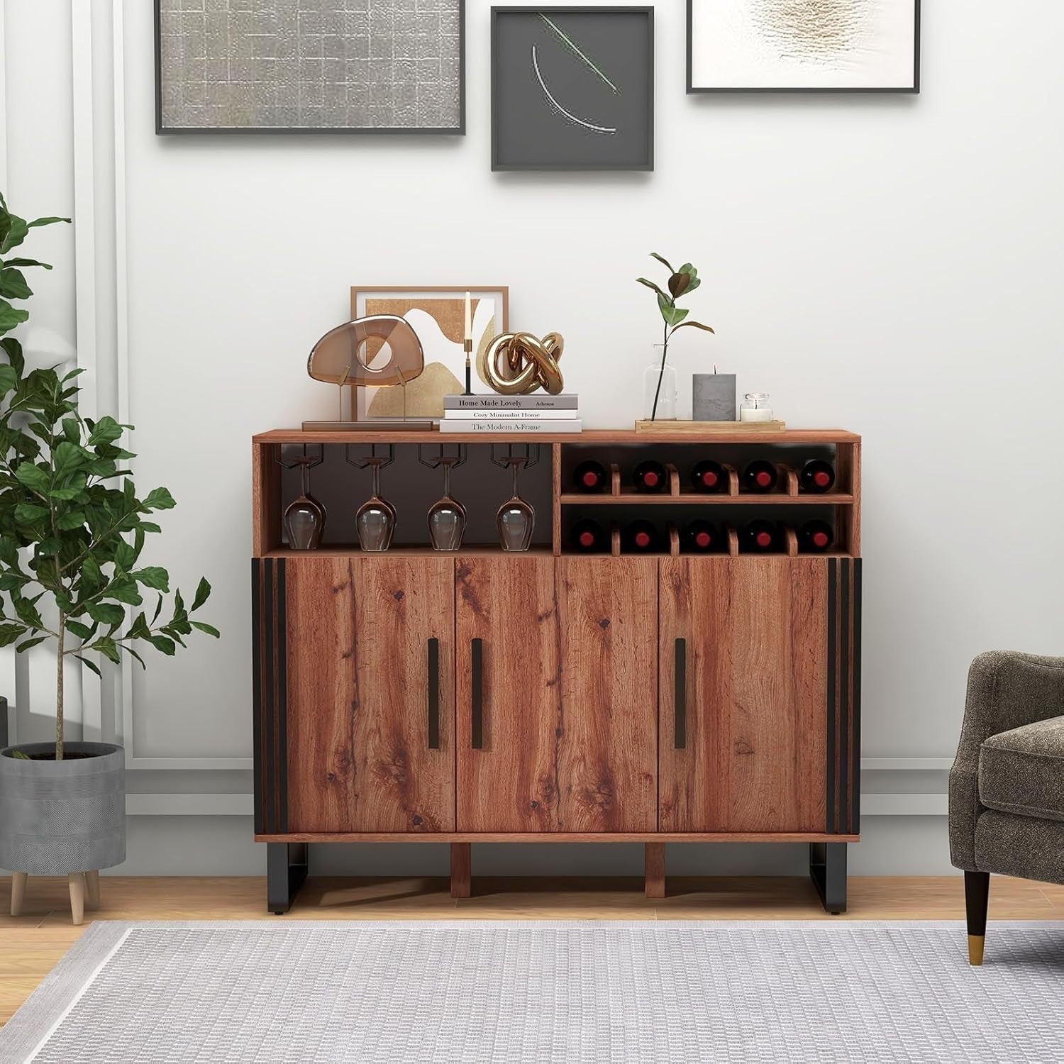 Large Wooden Wine Bar Sideboard Cabinet with Wine Rack & Glass Holder, Rustic