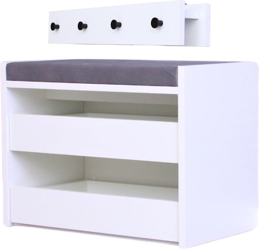 White Shoe Bench with Cushion & Wall Coat Rack Set Hallway Storage 60x35x45cm