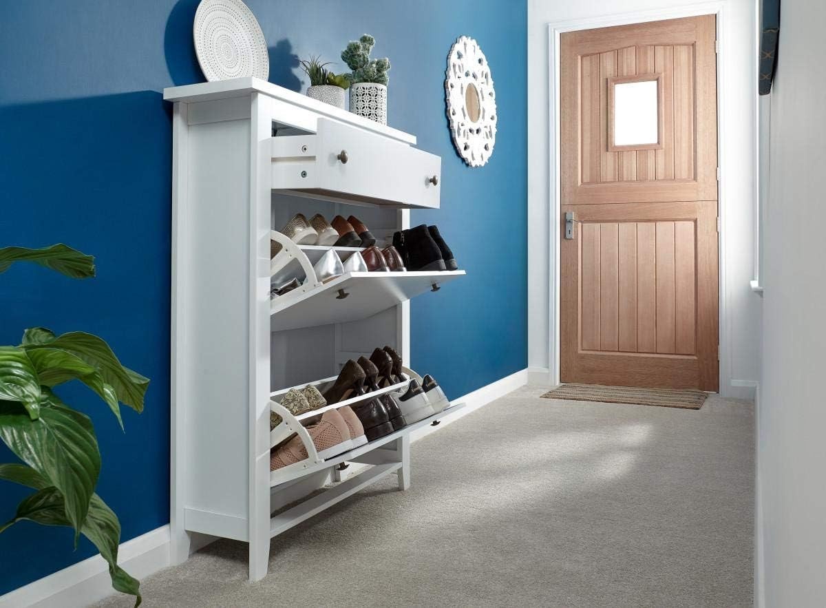 Deluxe White Shoe Cabinet with 2 Doors & 3 Drawers 73x24x108 cm