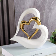 White Gold Double Heart Ceramic Sculpture Modern Romantic Home Decor Ornament