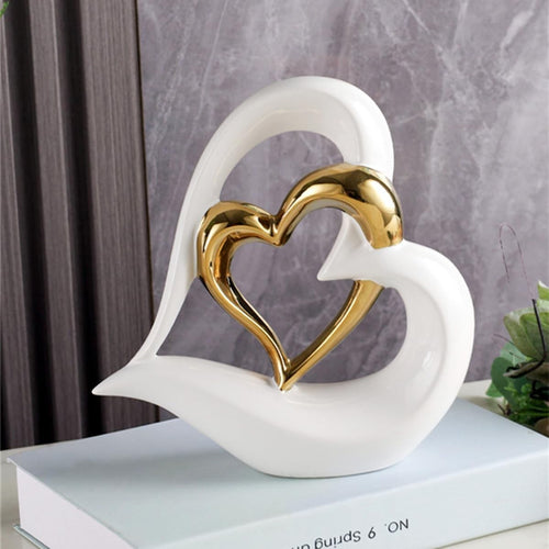 White Gold Double Heart Ceramic Sculpture Modern Romantic Home Decor Ornament