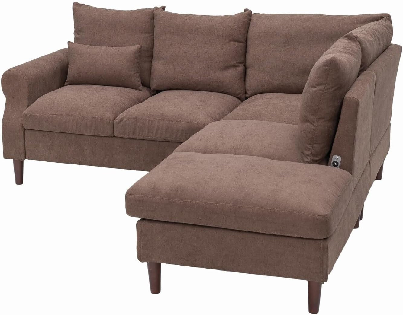 5 Seater Corner Sofa w/ Chaise & USB Charging Port – Brown Linen, Left Arm