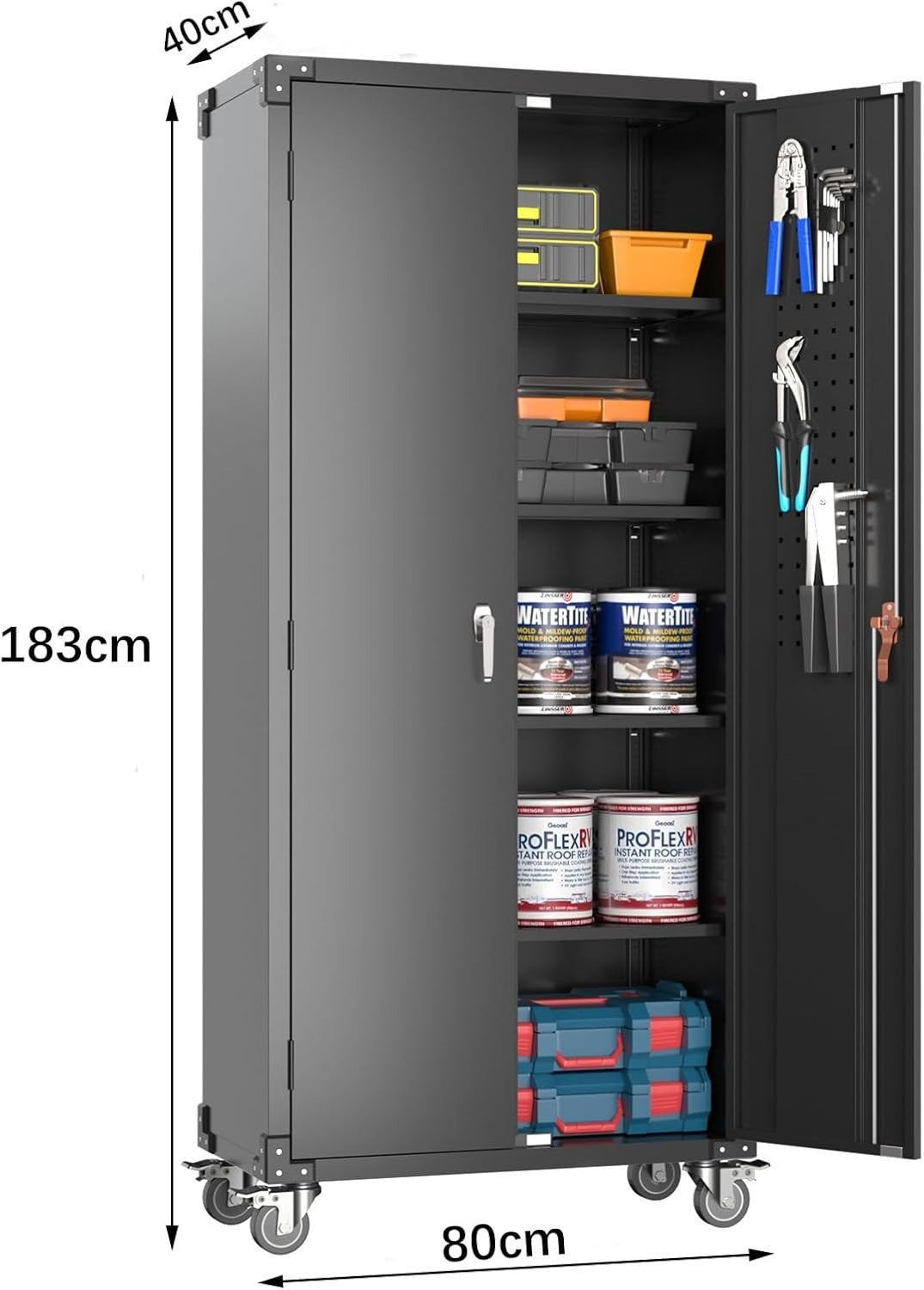 Metal Storage Cabinet with Wheels, Pegboard, Lock & Adjustable Shelves, 183cm