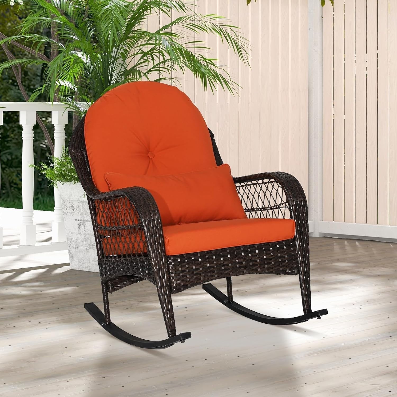 Rattan Rocking Chair Outdoor Garden Patio Seat W/Cushion & Lumbar Pillow